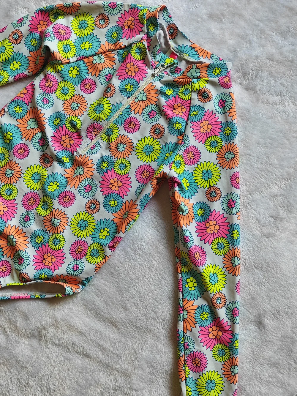 Girls Swimsuit Betsey Johnson Size 6X Neon Flower Power Long Sleeve Half Zip